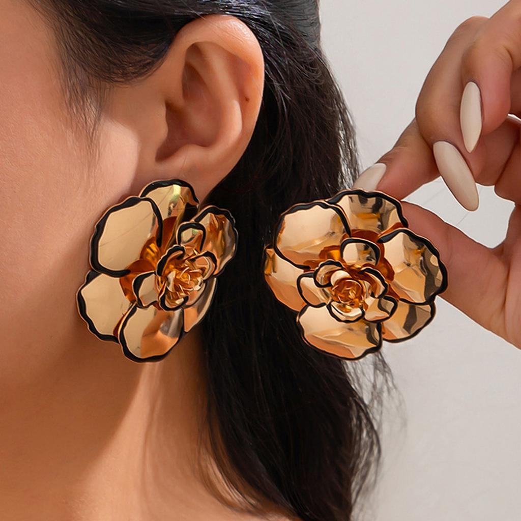 Vintage Gold Geometric Floral Statement Earrings/Necklace Exaggerated 3D Flower Jewelry Accessories Gift For Women