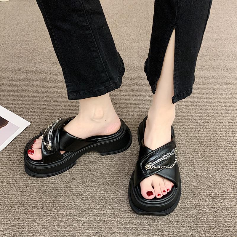 Fashion Thick Soled Slippers for Women Summer Chain Denim Chunky Heel Fashion Cross Slides Open Toe Outdoor Beach Woman Walking Slides