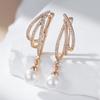 Unique Geometric  Rose Gold Pearl Long Drop Earrings For Women Shiny Natural Zircon Accessories Bridal Wedding Jewelry