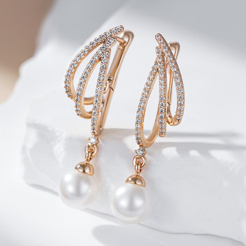 Unique Geometric  Rose Gold Pearl Long Drop Earrings For Women Shiny Natural Zircon Accessories Bridal Wedding Jewelry