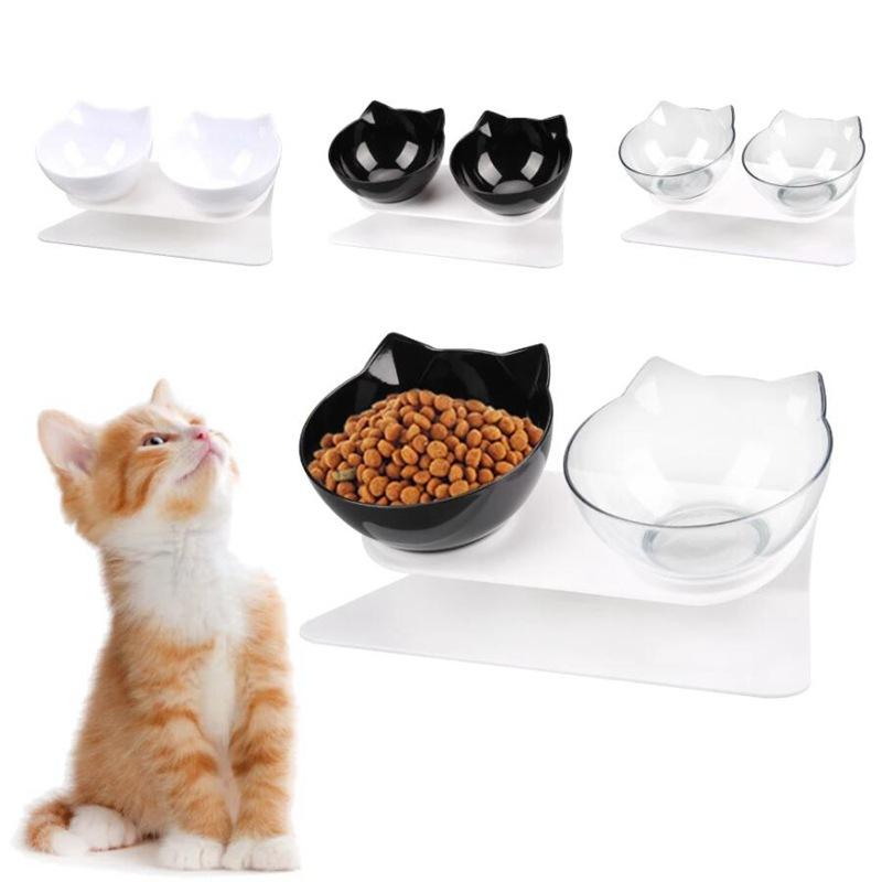 Non Slip Oblique Mouth Plastic Pet Cat Basin Dog Bowl Feeder 15 Degree Bowl with Stand Basin Oblique Mouth Double Bowl cat Bowl