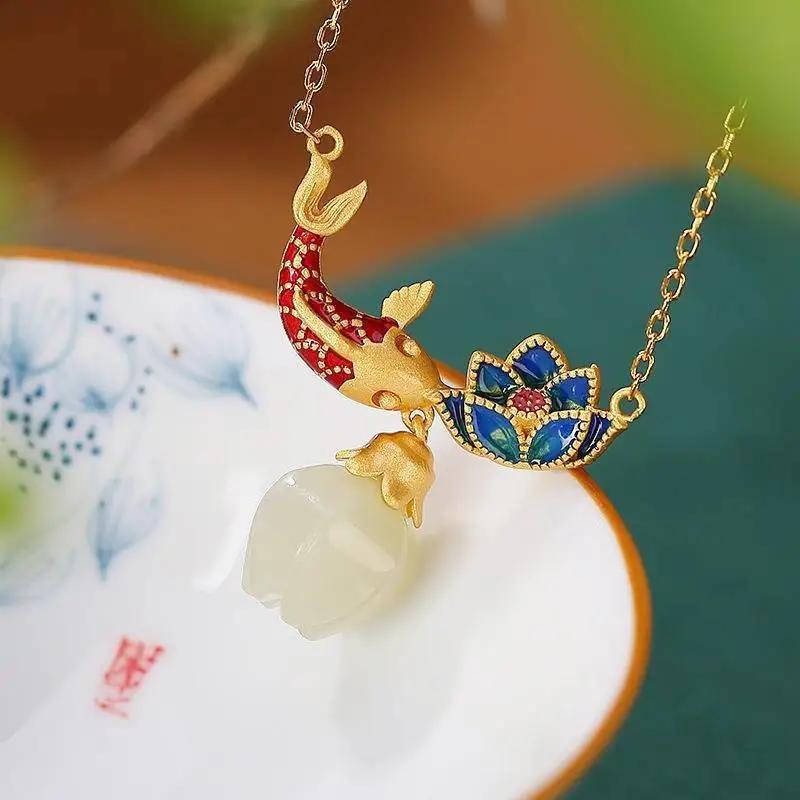 Natural An Jade Necklaces Enamel Fish-Shaped Lotus Ancient Gold Craft Pendant Light Luxury Chinese Style Retro Charm Jewelry