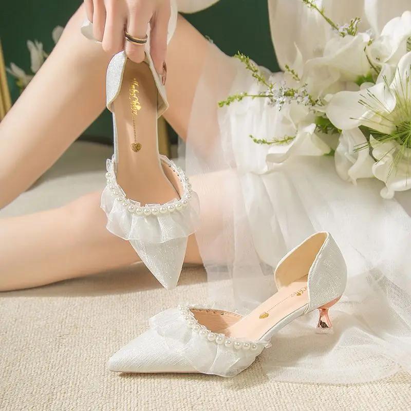 Fashion Pearl Stilito Ladies Pumps Women's Shoes with Medium Heels Pointed Toe Korean Style Genuine Mark Summer 2025 Chic and Elegant 39