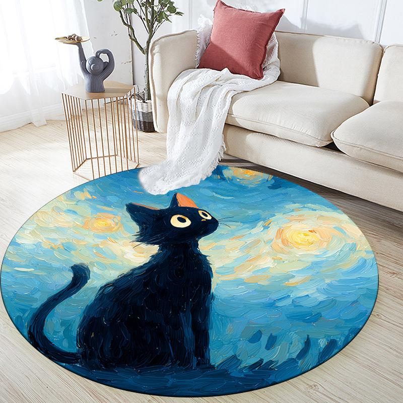 

Black Cat at Night Round Area Rug,Carpet Rug for Living Room Bedroom Sofa Playroom Decor,Non-slip Floor Mat 80cmx80cm