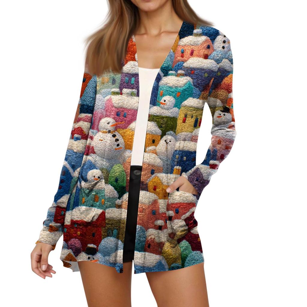 Dame Mote Juleprint Langermet Lomme Slank Passform Cardigan Kåpe