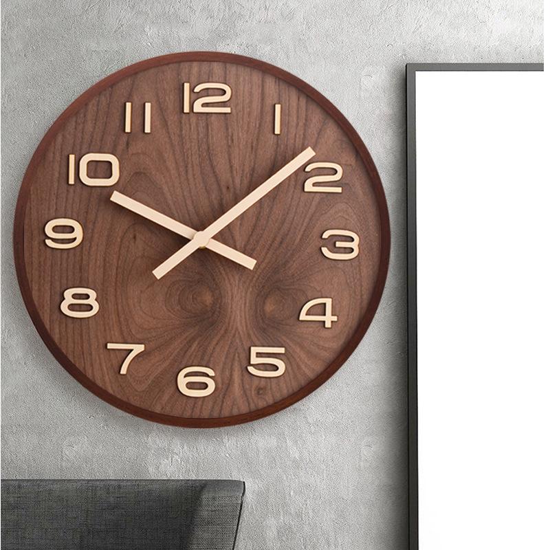 Simple Chinese style wall clock Wooden modern home living room decoration Chinese style round quartz clock Nordic style clock