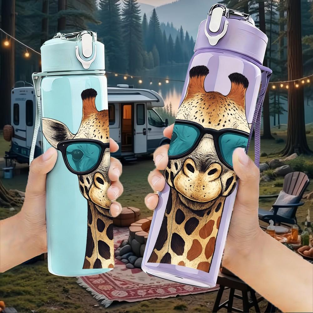 1PC Cool Sunglasses Giraffe Animal Pattern 750ml Color Plastic Sports Water Bottle Leakproof Flip Straw Lid Suitable for Sports Office Home Use
