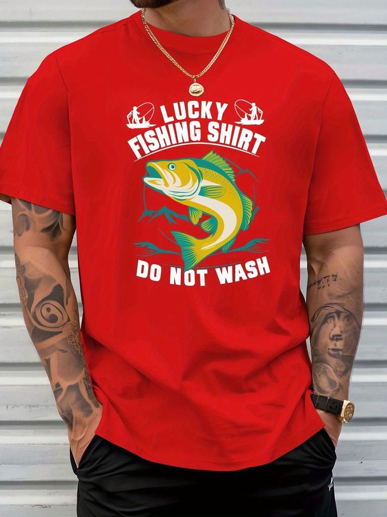 Unisex Lucky Fishing Bass Fish Slogan Print Crew Neck Short Sleeve Oversized Loose Casual Outdoor Summer Streetwear Daily Basic Tee
