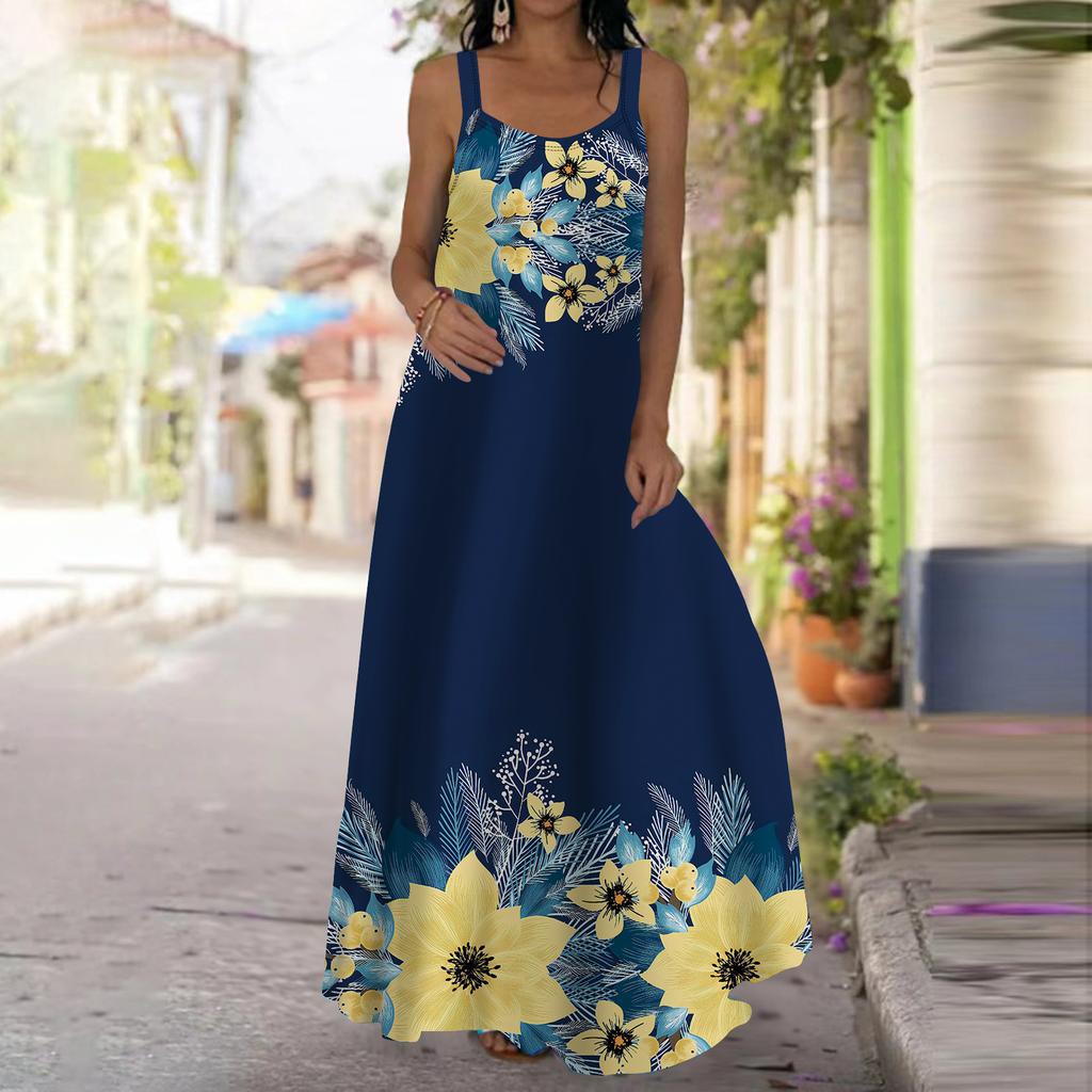Abito sottoveste da donna Abito lungo maxi Abito con stampa farfalla blu scuro Vacanze primaverili ed estive per il tempo libero