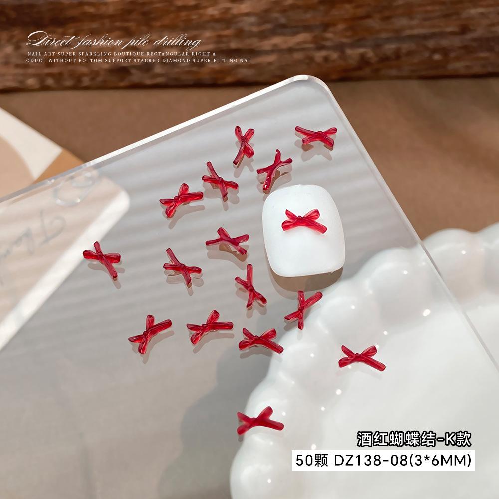 Wine Red Bow Nail Accessories Popular Online Items Solid Color Three-dimensional Hollow Tie Cartoon Resin
