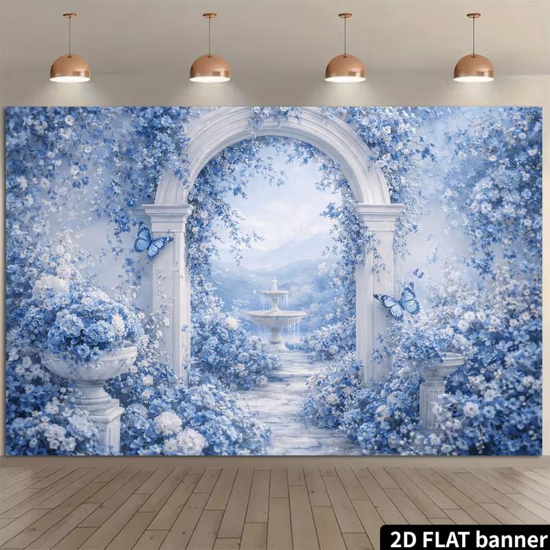 2D Dreamy Blue Floral Garden Backdrop, Watercolor Archway Party Banner