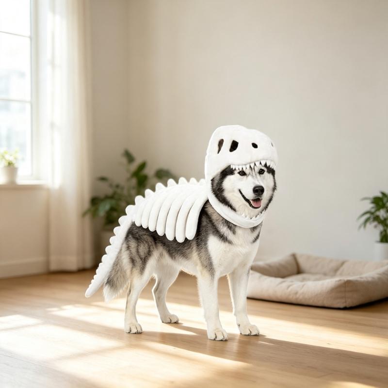 Halloween Dinosaurierskelett Kostüm für Haustiere, Skelettschädel und Rippen Design Outfit mit gepolsterter Wirbelsäule und Schwanz für Hunde und Katzen Cosplay