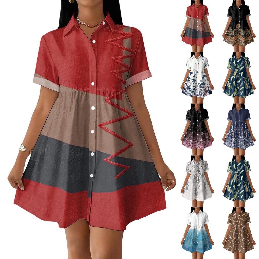 Women Casual Loose Fit Dress Button Front Shirt Dress Short Sleeve Collared Dress Summer Daily Wear