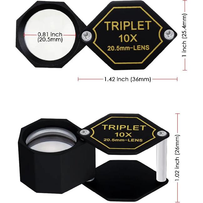 10x Magnifier Jewelry Loupe with Triplet Lens, Achromatic Black Hexagonal Design for Gem, Stamp, Coin Inspection