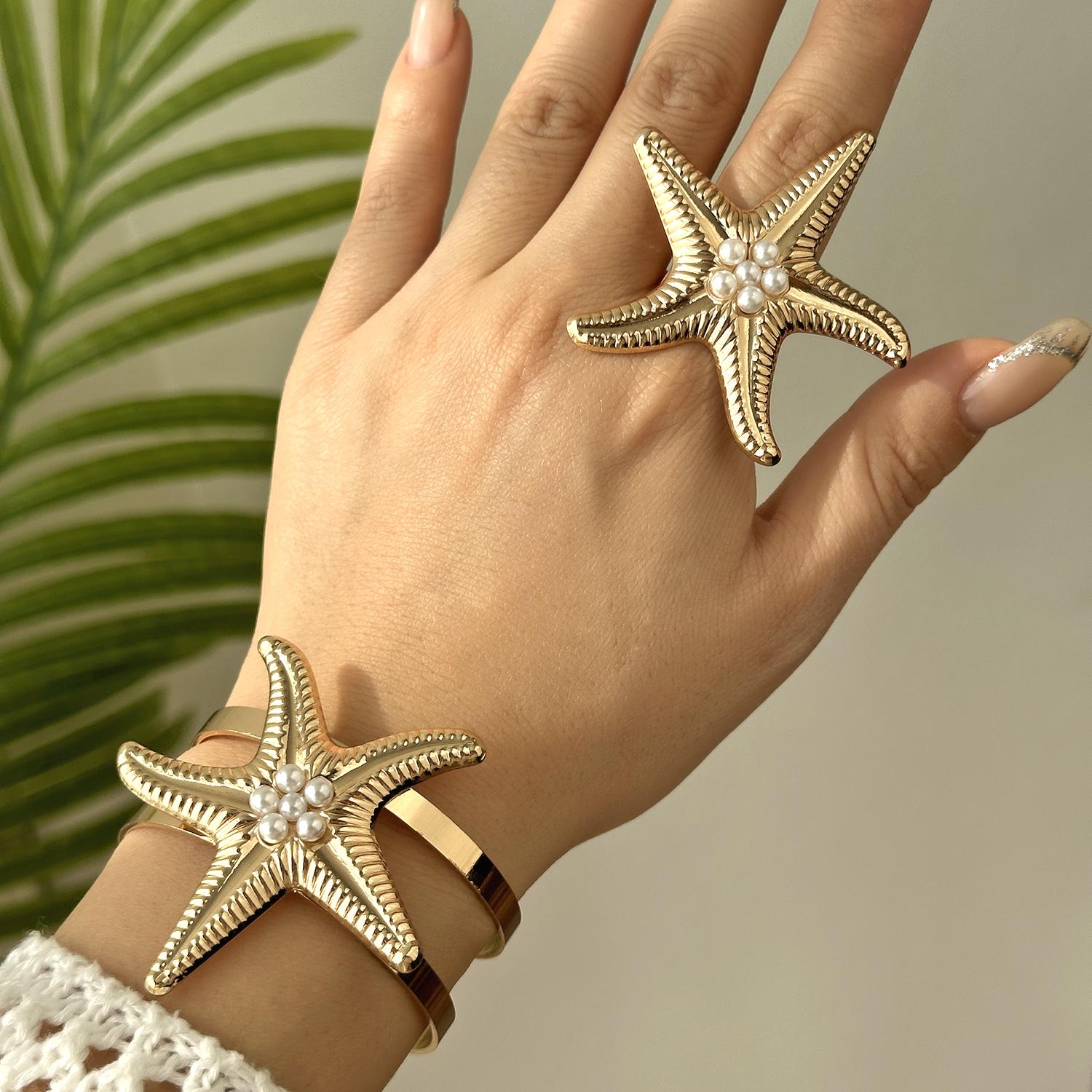 

Summer Ocean Style Zircon Set for Women Imitation Pearl Metal Starfish Conch Earrings Ring Bracelet Beach Party Charm Zircon