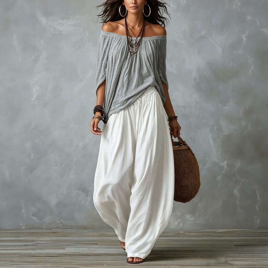 2026 new European and American style one-word shoulder T-shirt wide-leg pants set women's fashion elegant two-piece set long-sleeved casual pants