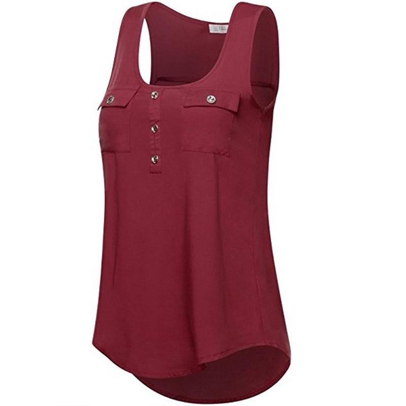 Elegant Women's Fashion Button Pocket Sleeveless Shirt With Sexy Irregular Hem Tank Tops