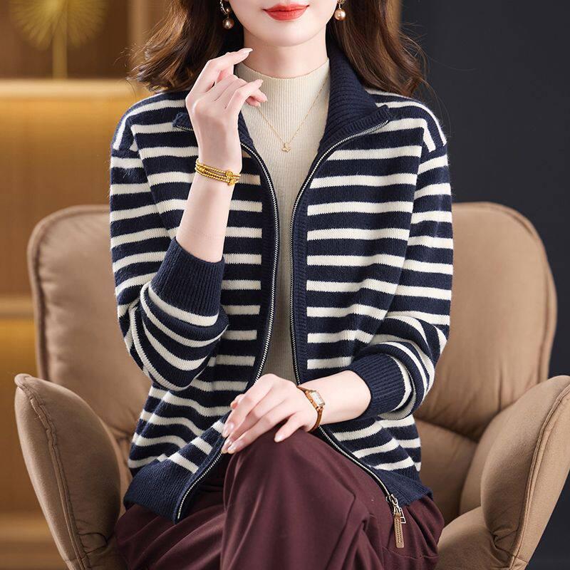 Korean Style Striped Knit Wool Cardigan - Autumn/Winter Zipper Sweater for Women