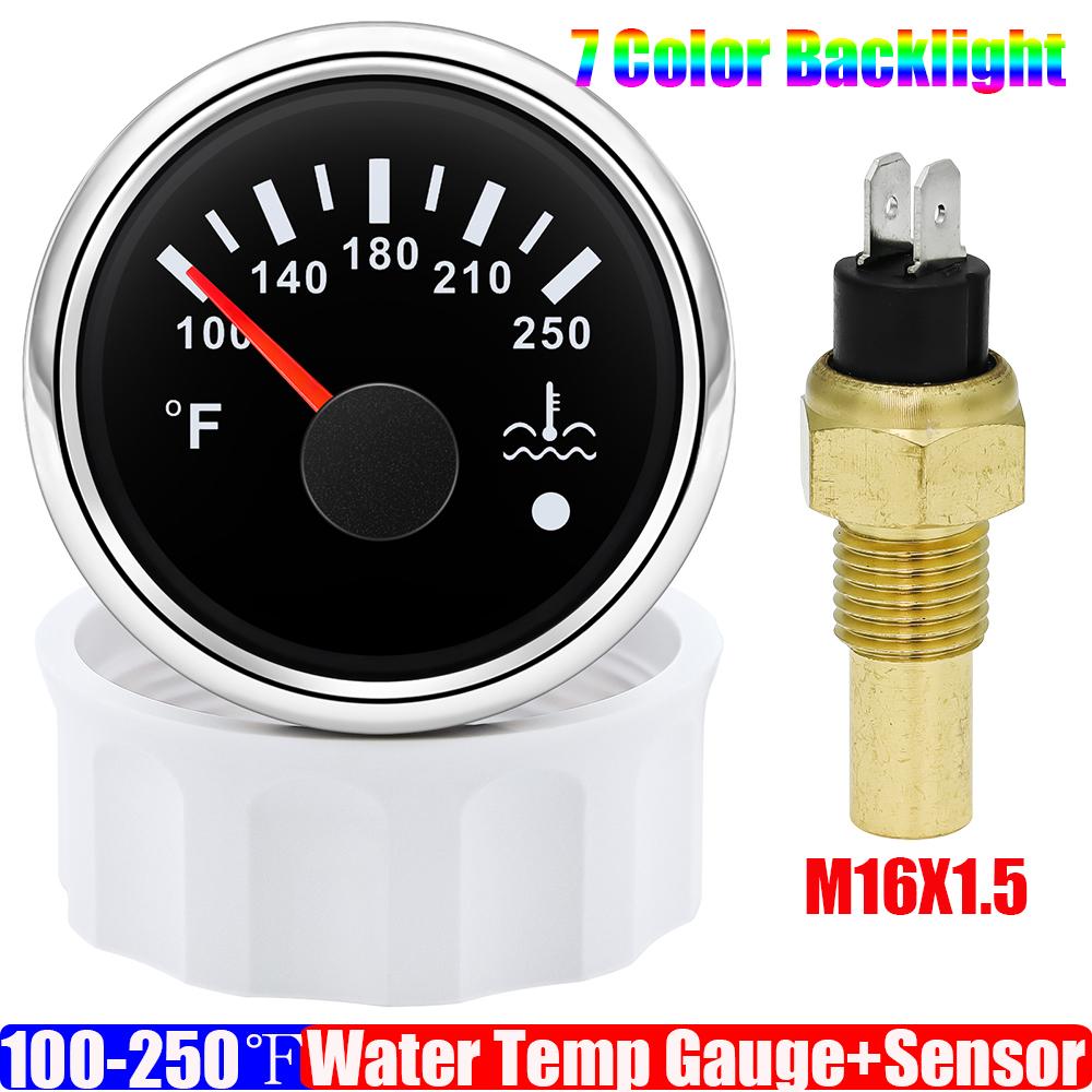 100~250℉ Vattentemperaturmätare Indikator Blinkande Larm 7 Färg LED 2" 52mm Vattentemperaturmätare med Sensor för Bil Båt