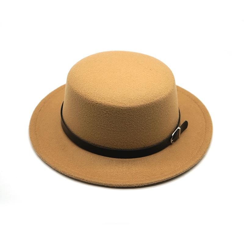 British Style Silver Buckle Belt Flat Top Top Hat Couple Men And Women Solid Color Gentleman'S Hat Large Flat Wide Brim Woolen Warm Hat