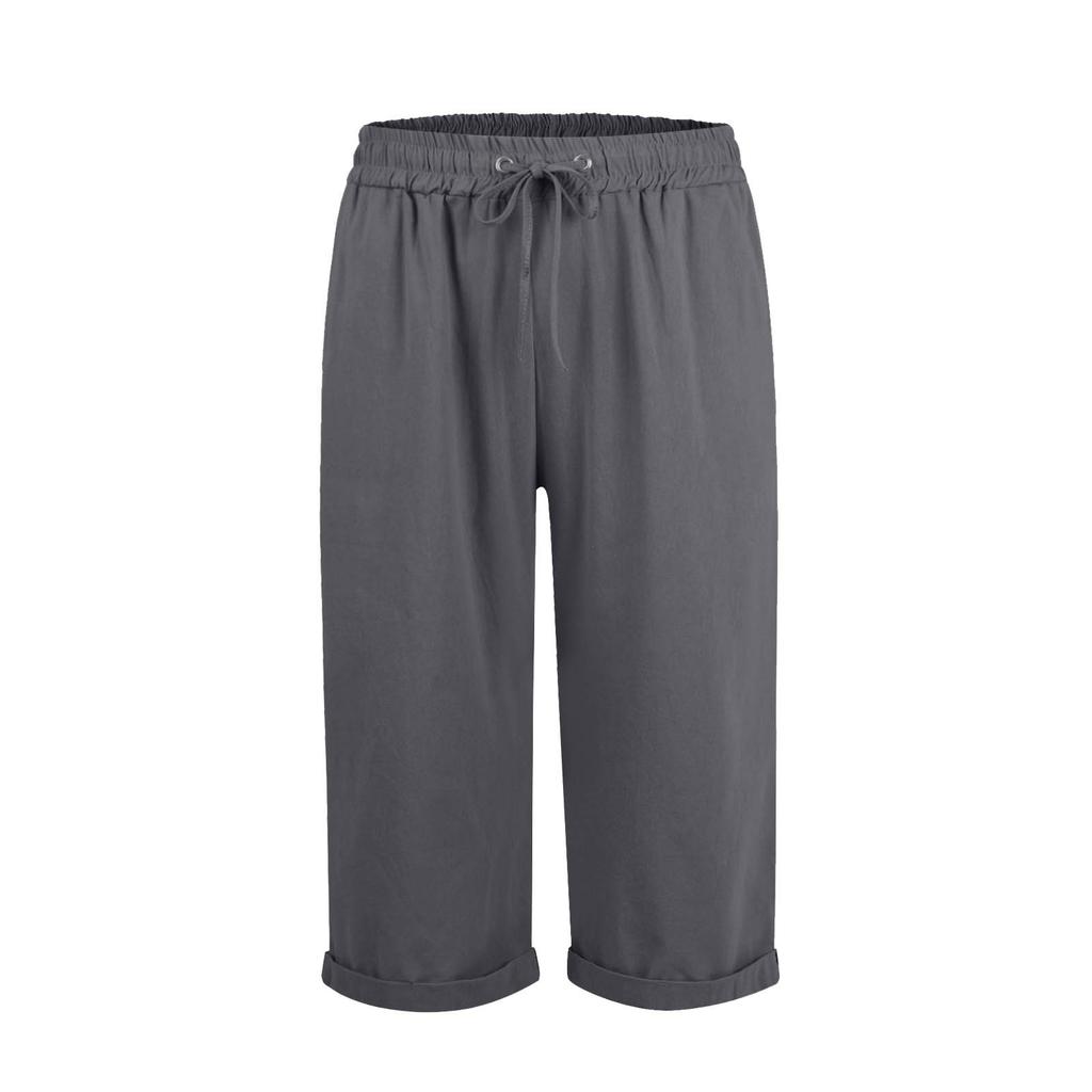 Women's Color Drawstring Cotton Linen Casual Pants Pocket Elastic Waist Home Five Piece Pants