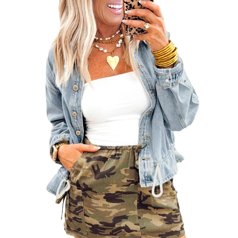 Женская модная однобортная джинсовая куртка однотонная S