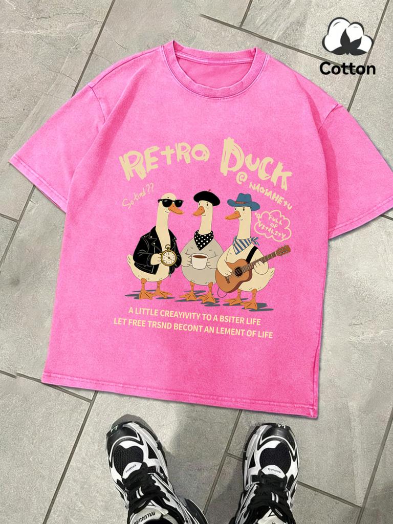 Retro Duck With Free Time Washed Mans TShirts Loose Fashion Tee Summer Cotton Short Sleeve Unisex Retro ONeck Streetwear