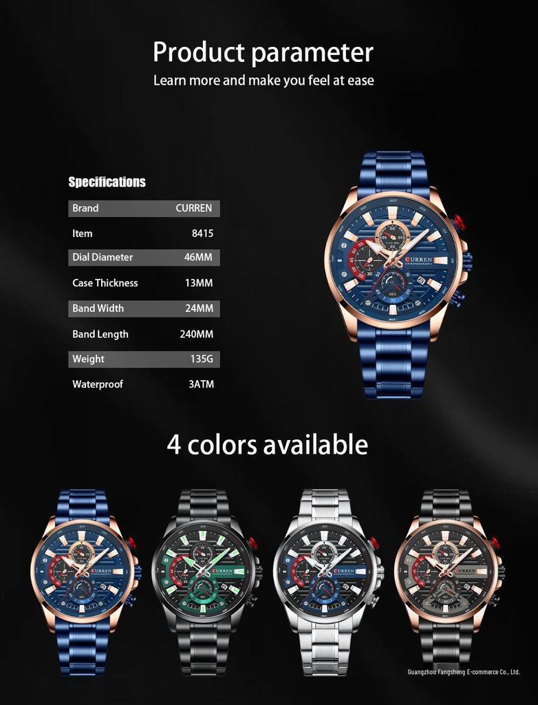 Curren Men's Multifunctional Waterproof Quartz Watch with Calendar and Large Dial Steel Band.