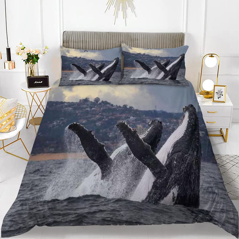 Whales King Queen Duvet Cover Ocean Animal Bedding Set Seaweed Starfish Marine Life Quilt Cover Blue Polyester Comforter Cover