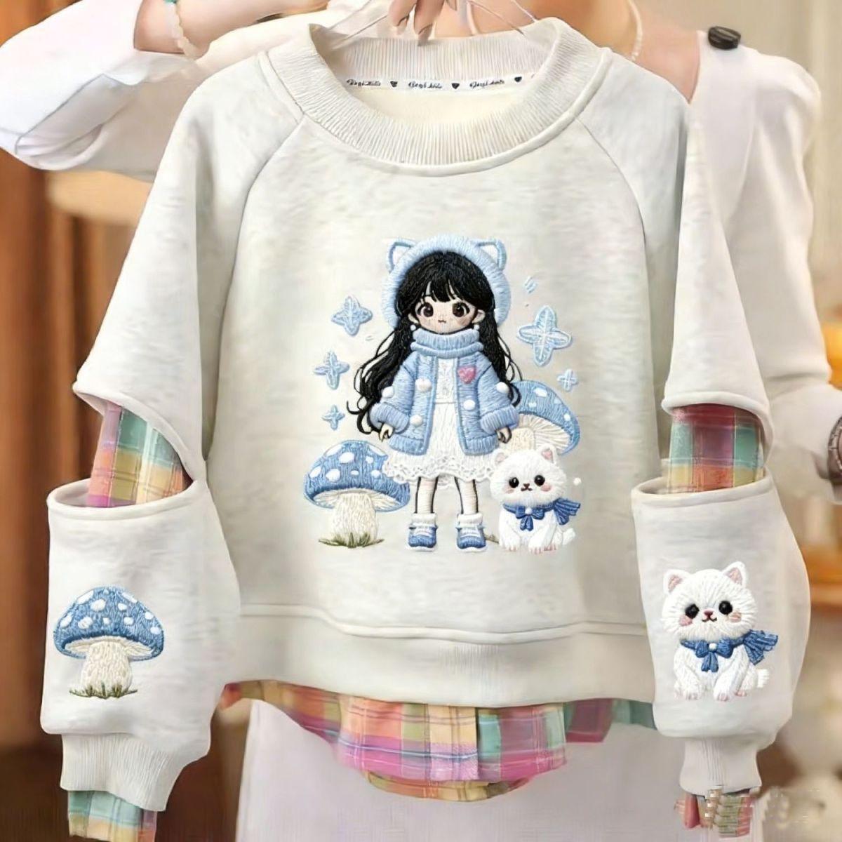 Girls Spring Autumn Mock Two Piece Printed Sweatshirt for Big Kids 110
