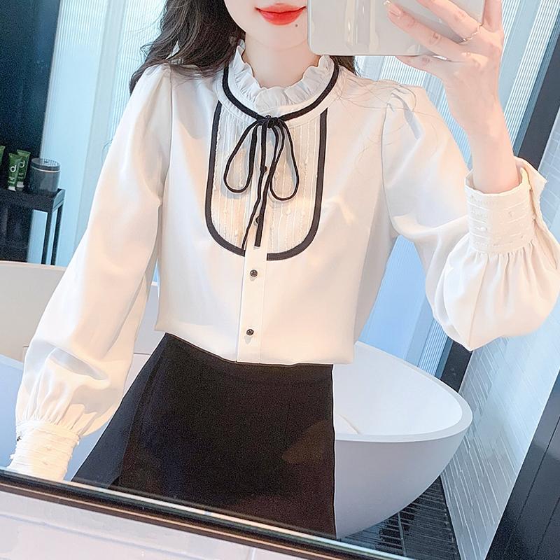 New 2024 Fashion Autumn Long Sleeve Casual Lace Up Ruffled Collar Blouse Shirt Women Tops Blouses Shirts J449