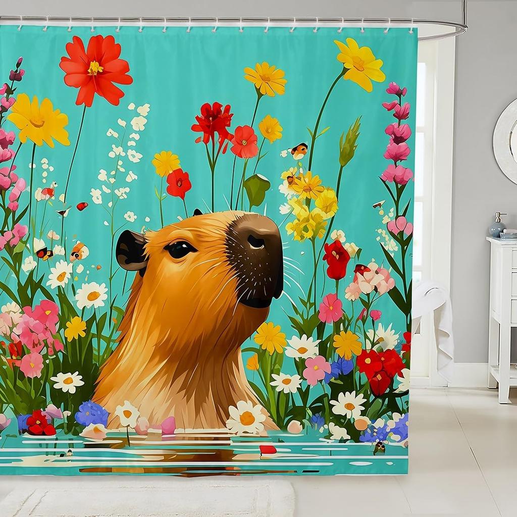 Kids Cute Capybara Shower Curtain for Bathroom Decor Japanese Cherry Blossoms Flowers Bath Curtain for Boys Girls Teens Cartoon