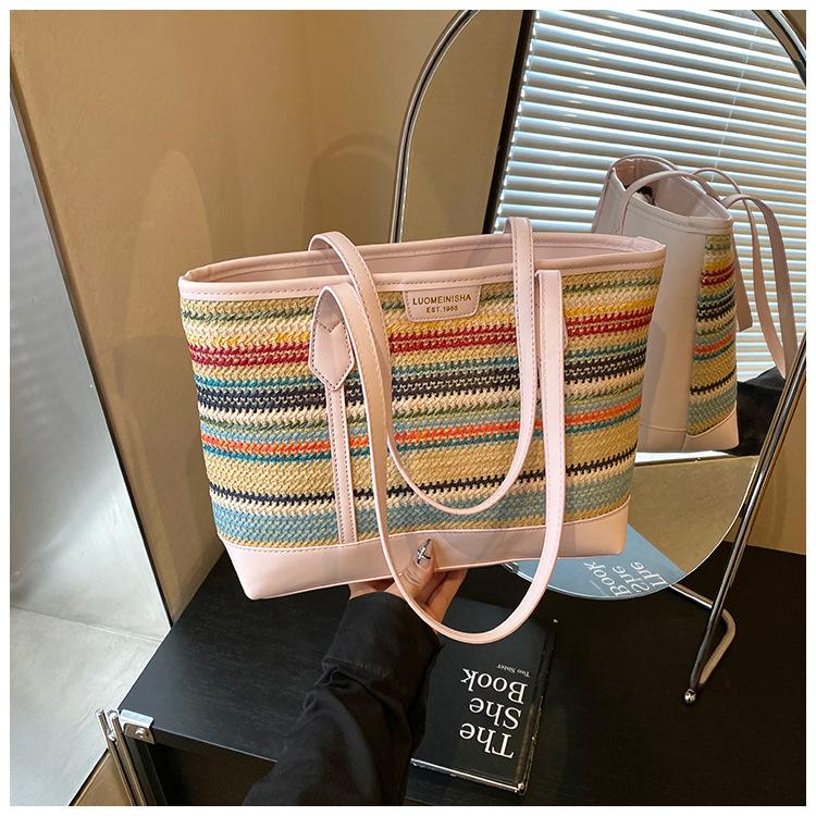 

2025 лето новая соломенная плетеная большая сумка большой вместимости женская текстурная плетеная сумка-тоут пляжная сумка на плечо розовый