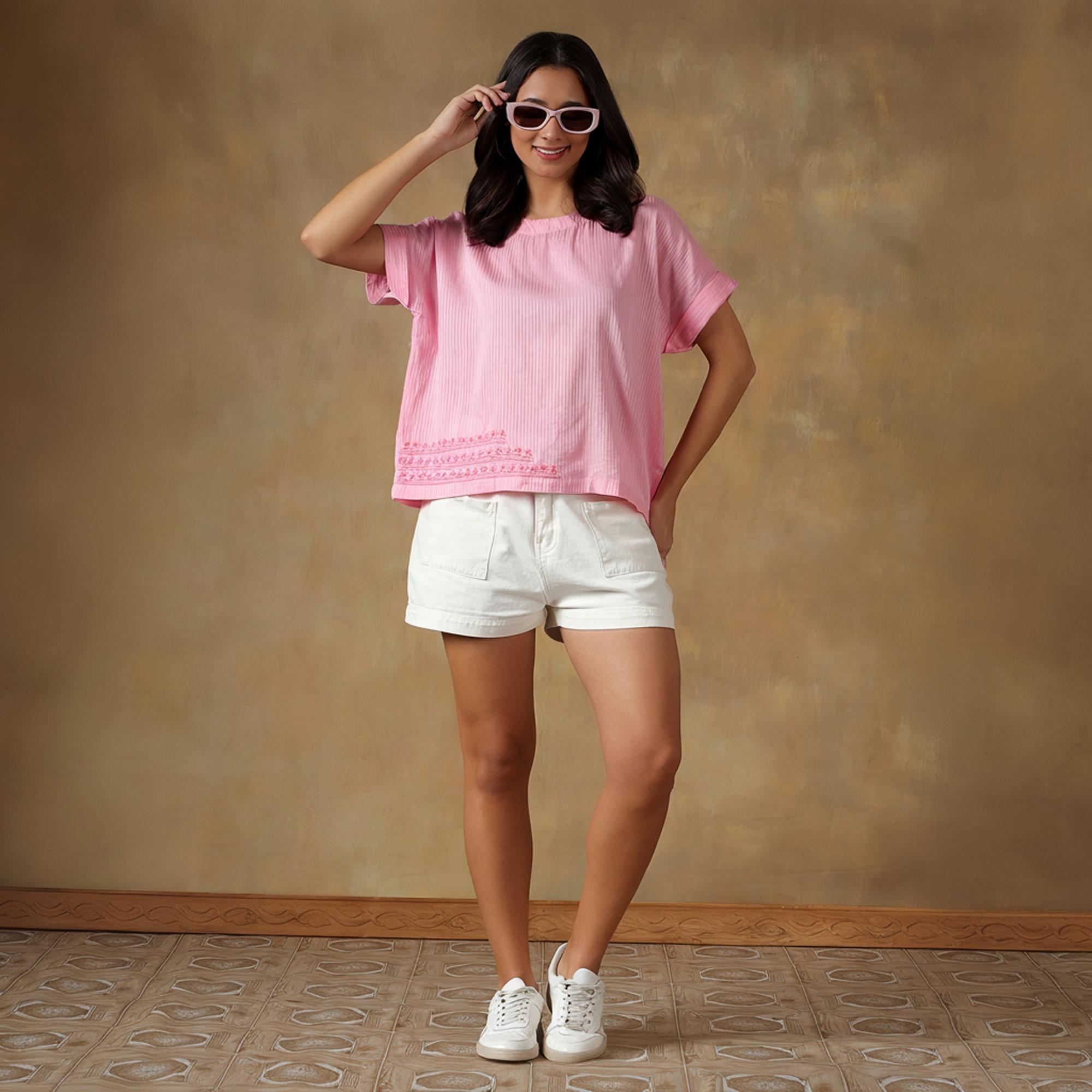Pink Freesize Lucknowi Chikankari Box Top S розовый