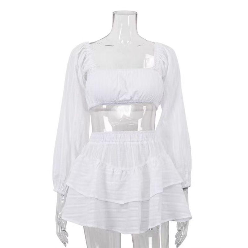 

Fashion New Fashion Sexy Crop Top off-Shoulder Tops Cake Dress Suit Shirt and Skirt Set White L