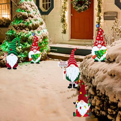 Christmas Decorative Gnomes Stakes Cute Garden Metal Gnome Yard Art Sign Insert On Lawn Holiday New Year Home Outdoor Stakes Christmas Decoration