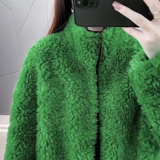 Winter Lady Coat Thickened Double-sided Faux Fleece Solid Color Stand Collar Neck Protection Letter Decor Long Sleeves Keep Warm Outdoor Travel Jacket