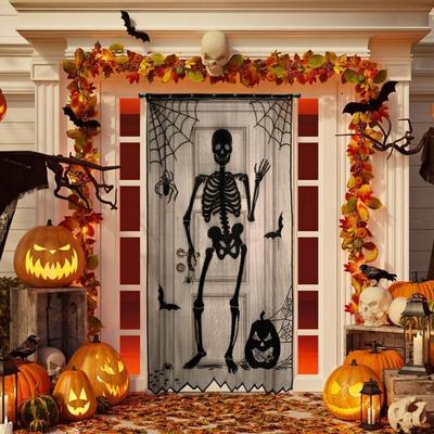 105X213CM Halloween Skull Door Curtain,Black Lace Spider Web Bats Door /Window Curtains for Halloween Party Haunted House Decor