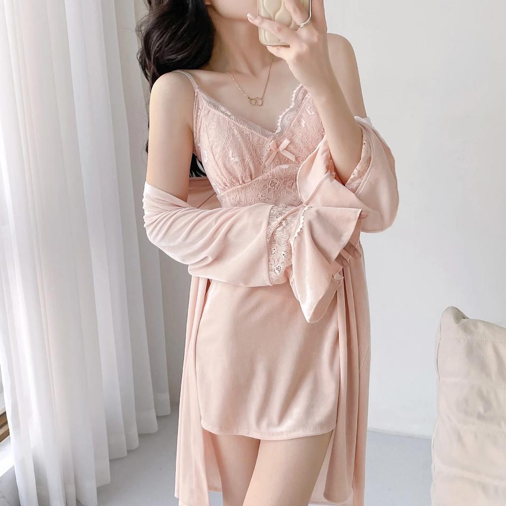 Jesienna Damska Bielizna Nocna Aksamitny 2-częściowy Zestaw Szlafroków Seksowna Czarna Koszulka Nocna na Ramiączkach Lounge Wear Lingerie Koronkowa Koszula Nocna Odzież Domowa