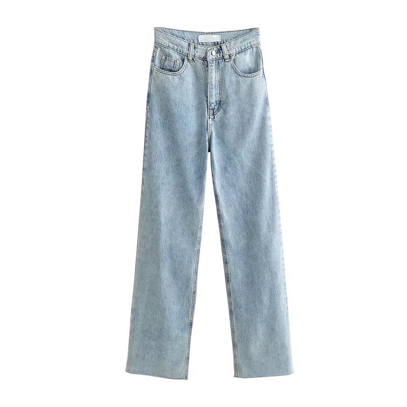 Fall and Winter New Arrival Women's Fashion All-Match Silm Slim Looking Trendy High Waist Raw Hem Wide Legs Mop Denim Pants