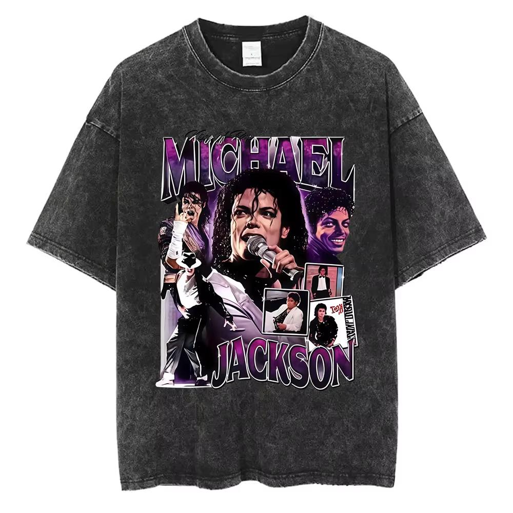Der König des Pop Michael Jackson Vintage Washed T-Shirts Herren Damen Lässig Retro Baumwoll-T-Shirt Männlich Gothic Rock Übergroßes T-Shirt
