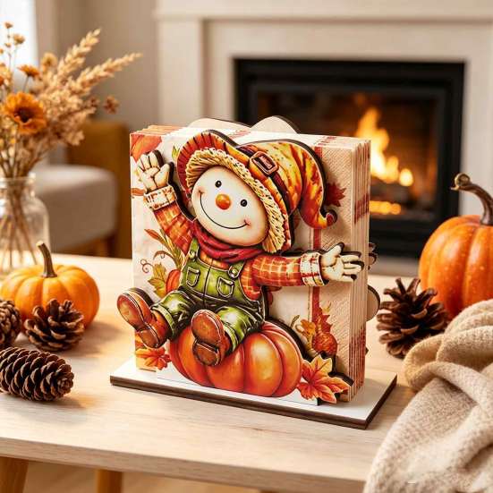 Decorative Napkin Stand for Kitchen Fall Scarecrow Wooden Holder, Harvest Pumpkin Rustic Ornaments Dispenser, Thanksgiving Farmhouse Tabletop