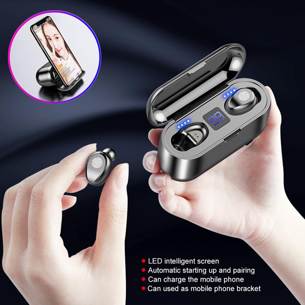 F9 Black ABS Home Office Wireless Headphone Touching Control Digital Display In Ear Stereo Earphone