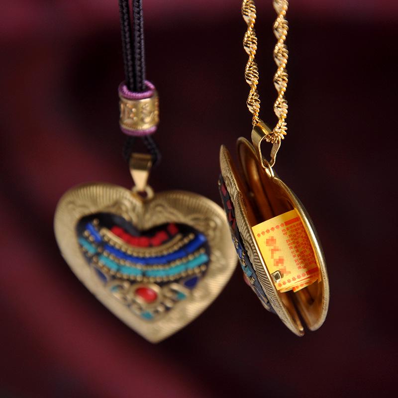 Vairochana Yellow Tibetan Amulet: Brass Box Pendant Necklace with Jambhala & Avalokiteshvara Hollow Design