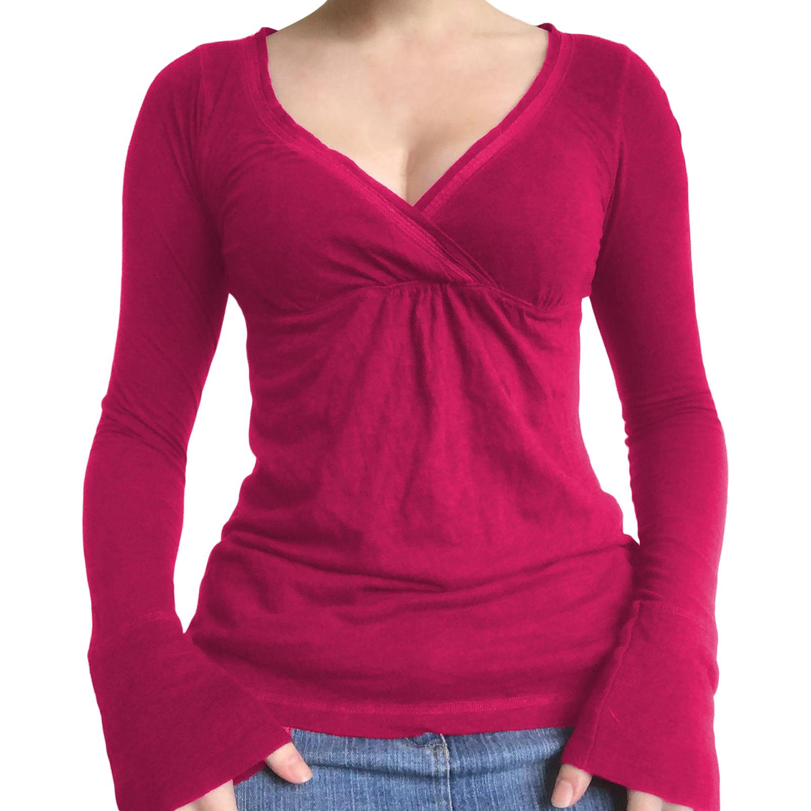 

Жіночі весняні приталені топи, однотонні футболки з довгими рукавами та V-подібним вирізом, вуличний одяг L рожевий червоний колір