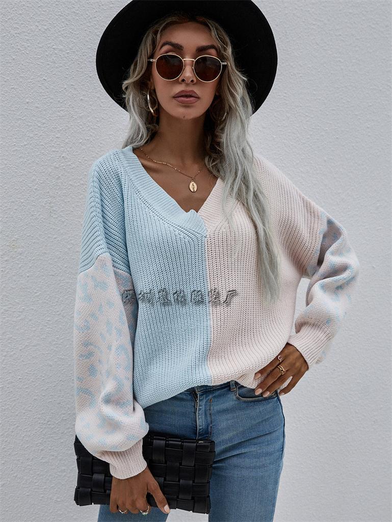 Temperament Commuter Splicing V-Neck Knitted Sweater Women's Loose Medium Thin Leopard Print Pullover Long Sleeve Single Top