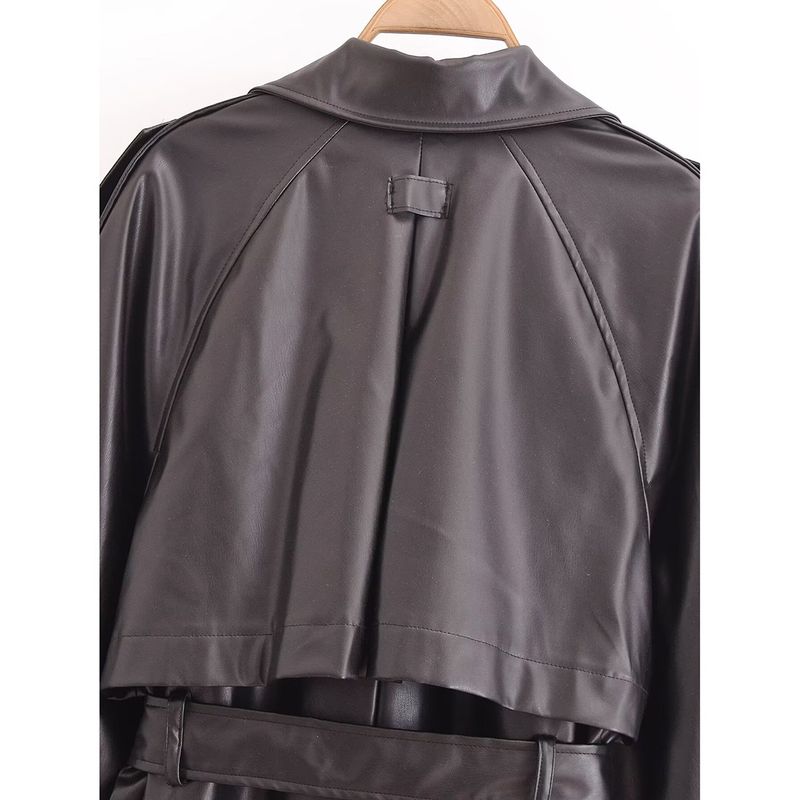Kaslead New Arrival Women's Clothing Fashion Style Fashion Minimalist Imitation Leather Loose with Belt Trench Coat 1255811