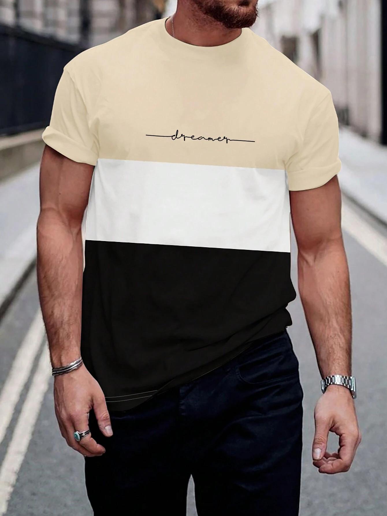 

Модная мужская футболка с цветными блоками и буквенным принтом, базовая футболка Harajuku с коротким рукавом, повседневная мужская футболка с круглым вырезом 5XL