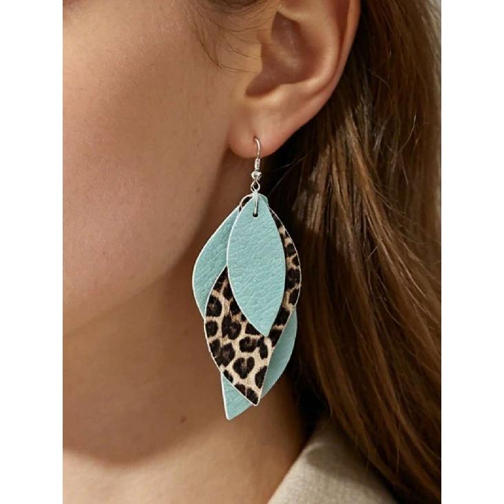 1 Pair Vintage Western Style Colorblock Mint Green Leopard Print Multi-Layer Leaf PU Leather S-Shaped Earrings