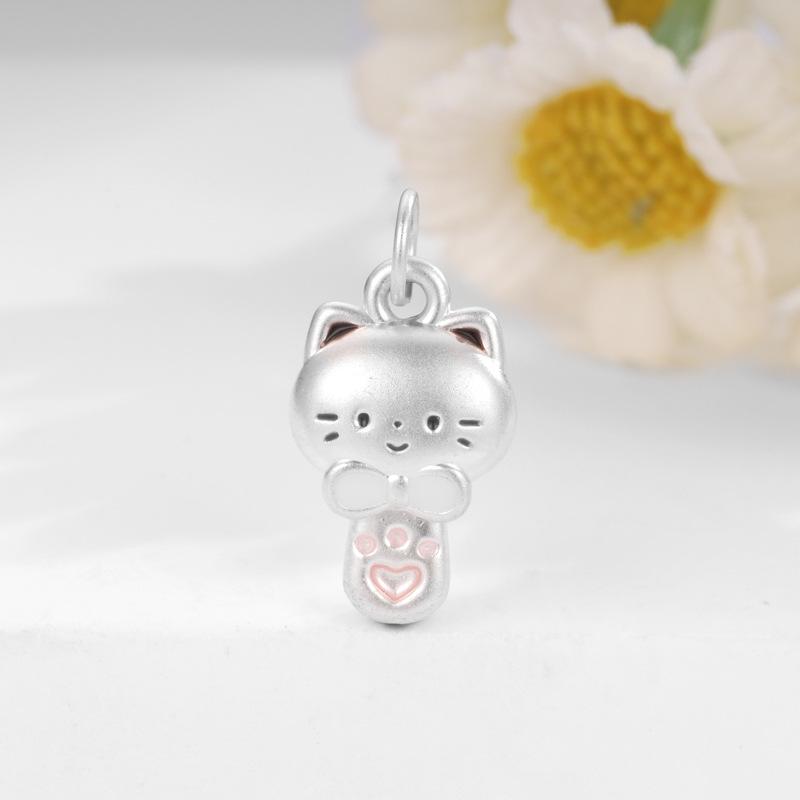 Sterling Silver 999 Cat Cartoon Soup Spoon Pendant with Beaded Rope